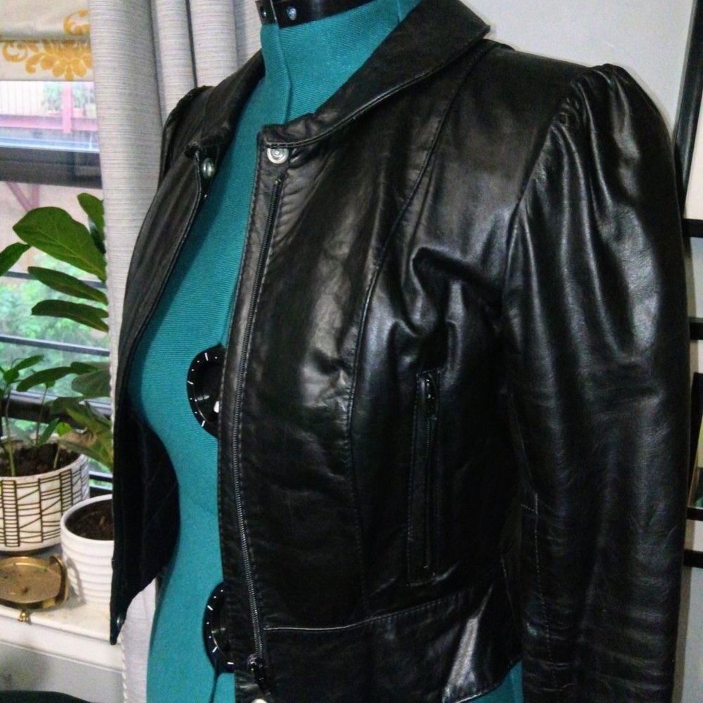 Vintage Jonathan Christopher Black Leather Puff Sleeve Jacket Sz Small - Picture 15 of 16